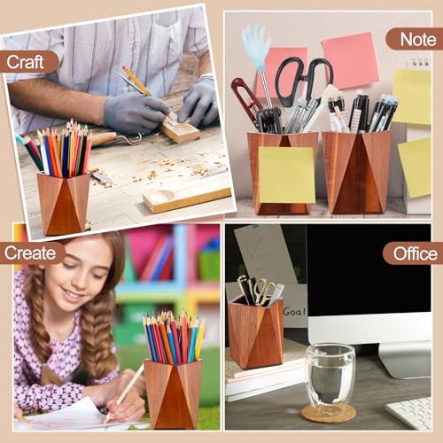 Henoyso 2 Pcs Acacia Wood Geometric Pen Holder Pencil Cup Office Desk - Image 4