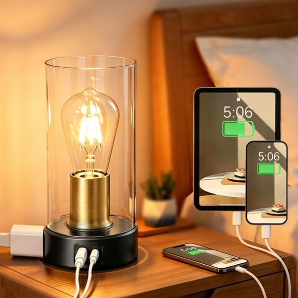 Touch Control Bedside Lamp with Charging Station，Black Gold Small Lamp by Shenmoyl