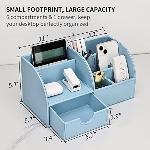 KINGFOM Pu Leather Desk Organizer Pen Pencil Holder Office Supplies Caddy Storage Box 6 Compartments with Drawer Blue - Image 6