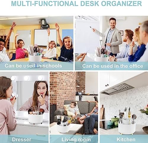 Cayxenful Pencil Holder For Desk,5 Slots 360°Degree Rotating Desk Organizers And Accessories,Desktop Storage Stationery Supplies Organizer, Cute Pencil Cup Pot For Office, School, Home (B-White) - Image 5