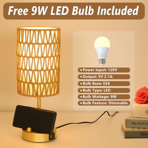 Gold Bedside Lamps Set of 2, Touch Control Night Stand Lamp for Bedroom with Rattan & Linen Shade & Bulbs, 3 Way Dimmable Small Boho Table Lamps with USB Charging Port & Phone Stand - Image 6