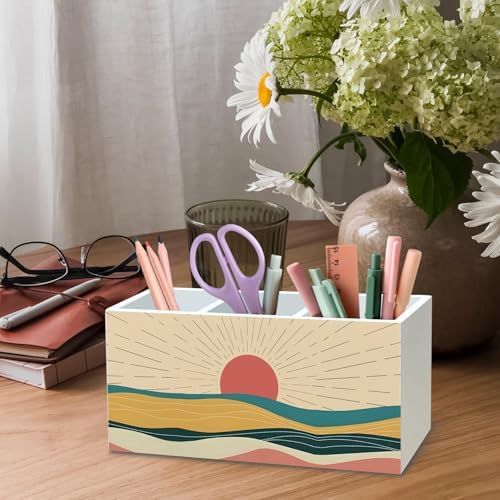 DILSJ Boho Abstract Sunshine Pen Pencil Holder Organizer for Desk, Boho Office Decor, Mid Century Modern Minimalist Sunshine Landscape Wooden Box Signs for Home Office Desk Tabletop Decoration - Image 4