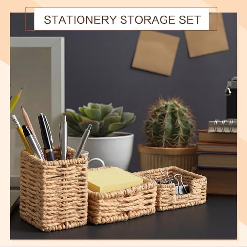 Khaki Paper Rope Woven Desk Organizer Set of 3 Natural Desktop Accessories Pencil Pen Cup Paper Clip Storage and Sticky Note Holder for Women Men Farmhouse Office Home Desktop Table Decor - Image 6