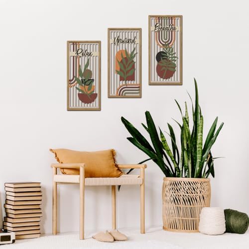 KAIRNE Boho Wooden Wall Art,Bohemian Wood Wall Decor Set of 3(16”X8”),Farmhouse Geometric Wooden Wall Decor,Abstract Minimalist Artwork for Living Room Bedroom Kitchen Office Decoration,Framed - Image 3