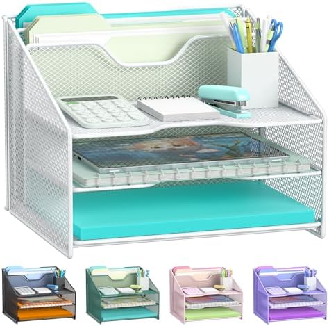 Samstar White Desk File Organizer, Mesh Letter File Folder Holder with 3 Paper Trays and 2 Vertical Upright Section, for Office Supplies, Desk Accessories & Workspace, White by Samstar