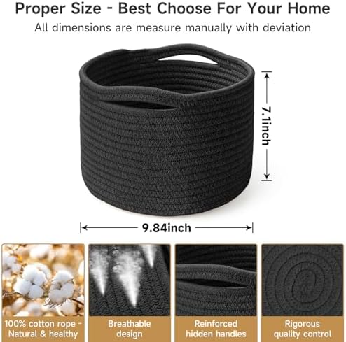 3 Pack Small Rope Storage Baskets, 9.82×9.82×7.1", Black - Image 2