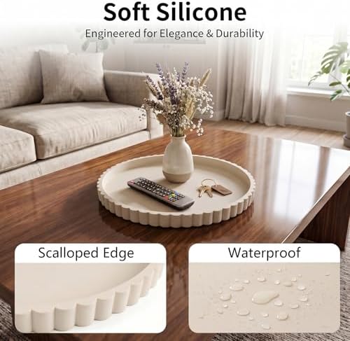 Silicone Bathroom Vanity Trays for Counter - 9.1 Inch Round Small Bathroom Tray with Scalloped Edge Vanity Organizer, Coffee Table Decor, Decorative Tray for Candle Key Skincare Perfume Storage, Beige - Image 3