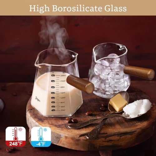 Joeyan 7 oz Glass Measuring Cup with Double Spouts,Espresso Shot Glasses with Wood Handle,Diamond Shaped Espresso Cups,Clear Milk Frothing Pitcher for Coffee,Borosilicate Espresso Accessories - Image 4