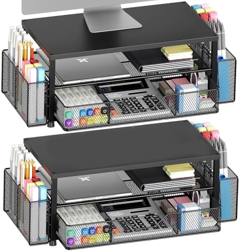 OPNICE Desk Organizer and Accessories, 2-Tier Computer Monitor Stand Riser with Drawer and 2 Pen Holders, Laptop Stand, Office Desk Accessories for Office Supplies, Black 2-Pack by OPNICE