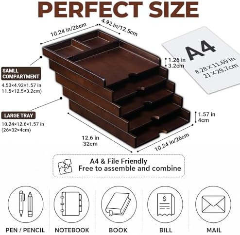 5-Tier Solid Wood Desk File Organizer, Paper Letter Tray Home and Office - Image 2