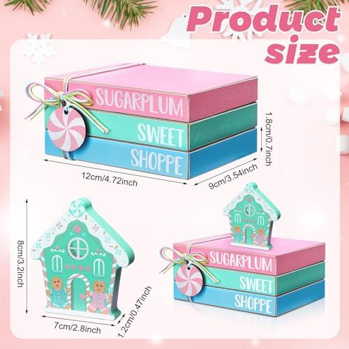Yookeer 4 Pieces Pastel Christmas Gingerbread House Tiered Tray Decor Mini Wood Book Stacks Table Decorations Pastel Candy Wooden Book Table Sign for Christmas Home Room Mantle Fireplace Shelf - Image 3