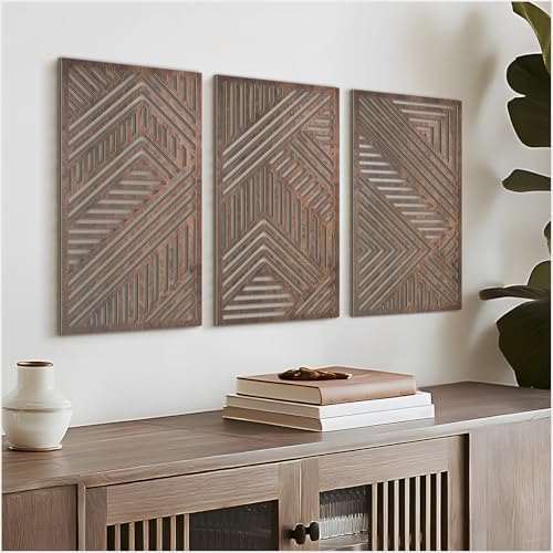 VIYYIEA Boho Solid Wood Carved Wall Art Set of 3, Geometric Minimalist Wooden Home Decor Panels, Handcrafted Solid Wood Wall Hanging for Living Room Bedroom Hallway, 16 x 8 Inch Each (Sunset Brown) by VIYYIEAART