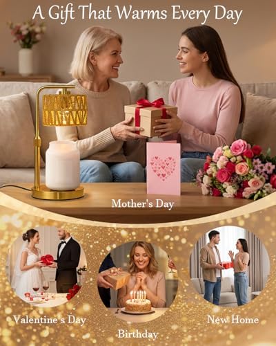 Candle Warmer Lamp with Timer, Dimmable Candle Warmer for Jar Candles, Height Adjustable Candle Lamp Warmer, Boho Rattan Lampshade and 2 Bulbs, Gift for Home Room Decor, Gifts for Women Mom (Gold) - Image 7