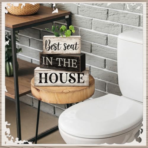 Moucuny 4 Pcs Bathroom Shelf Decor Sign Best Seat In The House Wooden Block - Image 5