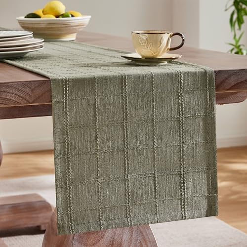 ZeeMart Linen Checked Farmhouse Table Runner, 13x90 Inches Olive - Image 4