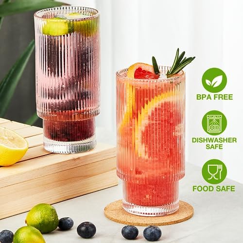 Qipecedm® 6 Pack Ribbed Drinking Glasses, 16 oz Vintage Glass Cups, Highball Glasses, Premium Iced Coffee Glasses, Clear Glass Tumbler, Cocktail Glasses, Elegant Glassware for Water Juice Whiskey Beer - Image 4