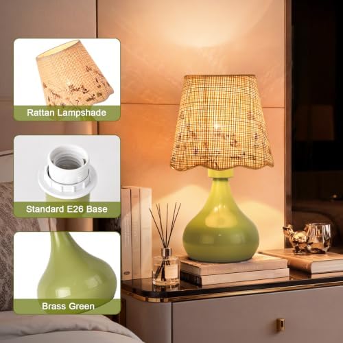 Ziqqeelam Green mall Bedside Cute Table Lamp for Bedroom, Table Lamps for Nightstand, Scalloped Rattan Shade Table Lamps for Small Spaces for Bedroom, Home Office, Living Room - Image 2