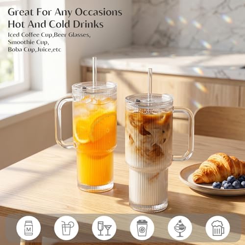 INSETLAN 24 oz Ribbed Glass Tumbler with Handle & Lid – 4-Pack Large Iced Coffee Cups with Straws, Modern Glass Mug for Cold & Hot Beverages, Aesthetic Travel Cup for Smoothies, Tea, and Juice - Image 5