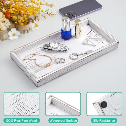 ALELION 13" White Bathroom Vanity Tray for Counter - Wood Decorative Tray for Toilet Tank Makeup Perfume Jewelry Catchall Table - Wooden Kitchen Countertop Organizer for Soap Dispenser - Image 5
