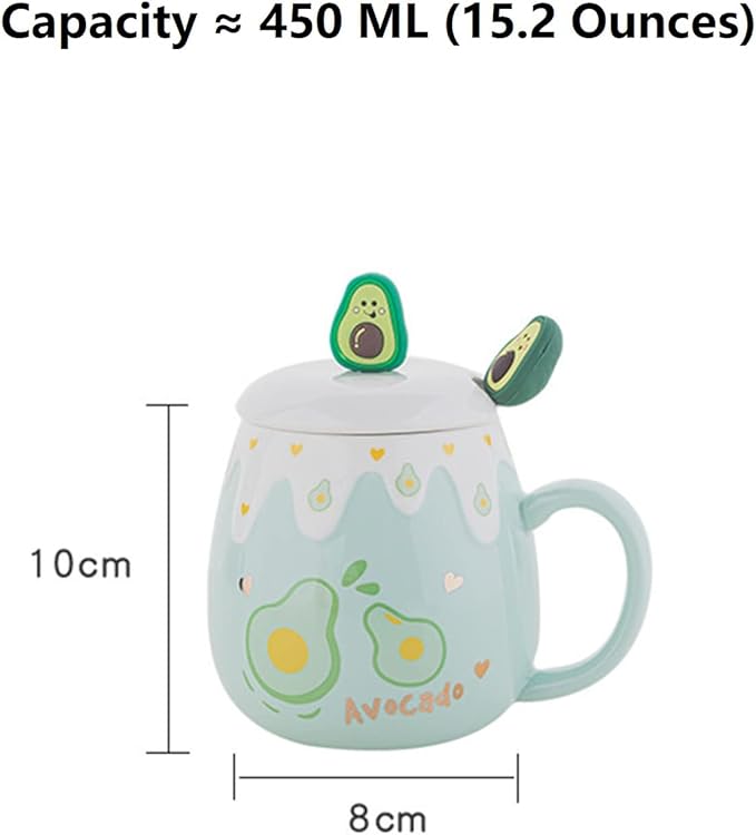 Coffee Mug Cups Ceramic Tea Cup Fruits Avocado Shaped Handmade Pottery Cute Mugs With Lid Spoon Handle Office Home Hot Ice Chocolate Milk Mugs Gifts Microwave Dishwasher Safe Travel Mugs (Green)