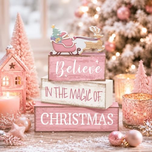 Moucuny 4 Pcs Christmas Table Decoration Pink Santa Sleigh Stacked Wooden Sign Decor Christmas Tiered Tray Decor Decorative Santa Claus Elk Block Sign Gift Farmhouse Xmas Centerpiece for Home Kitchen - Image 5