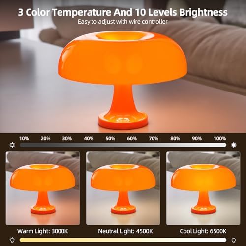 Orange Bedside Lamp for Bedroom Nightstand, Retro Mushroom Table Lamp with 3 Lighting Color and 10 Brightness Level, Desk Lamp for Reading Room/Office/Dorm(W11'' x H7.67'', USB Powered) - Image 2