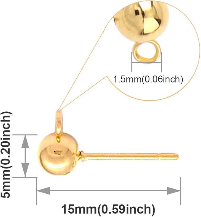 100pcs Ball Post Earring Studs for Jewelry Making, Round Ball Earring Posts with Loop Hypoallergenic Ear Pins and 100Pcs Clear Ear Backs for DIY Jewelry Findings Making Kit(KC Gold)