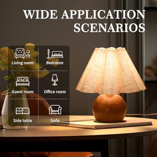 Farmhouse Cute Small Table Lamp, Wood Grain Vintage Table Lamps for Bedroom Nightstand, Cute Mini Bedside Small Table Lamps for Small Spaces with Scalloped Shade for Kitchen Counter, Bookshelf - Image 4