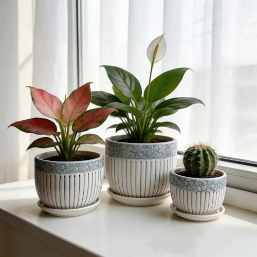 Vintage Flower Pots for Indoor Plant, Round Ceramic Plant Pots with Drainage Holes and Saucers, 6.7/5.2/3.9 Inches Retro Flower Planters Set of 3 - Image 6