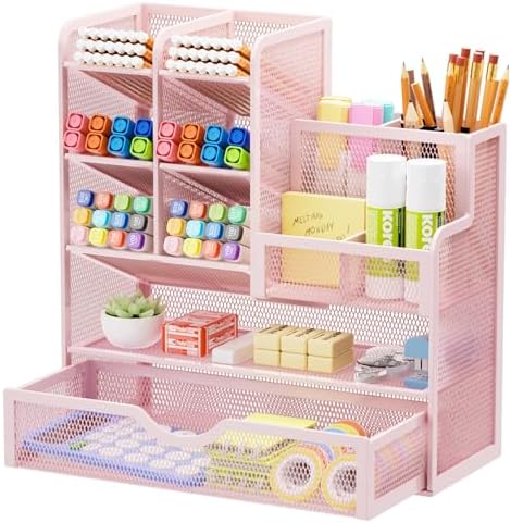 Marbrasse Mesh Desk Organizer with Drawer, Multi-Functional Pencil Organizer, 12 Compartments, Pink, Modern, Minimalist by Marbrasse