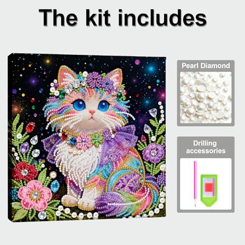 Xylzzuit Pearl Painting Kit with Frame 9.84x9.84IN Colorful DIY Gemstone Pearls Beads Art Craft for Adults Home Desktop Wall Decor (Cat) - Image 5