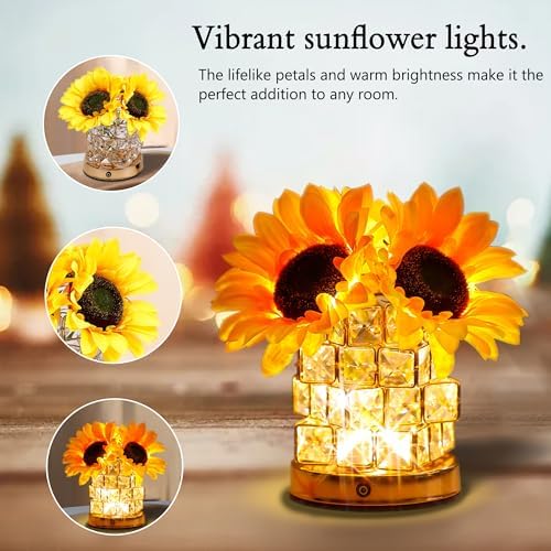 Sunflower Flower Lamp Gifts for Women, 3 Color Dimming Night Light for Womens Mom Her Daughter Christmas Anniversary Birthday Gifts, Bedroom Coffee Shop Decor Rechargeable Cordless Touch Lamp - Image 3