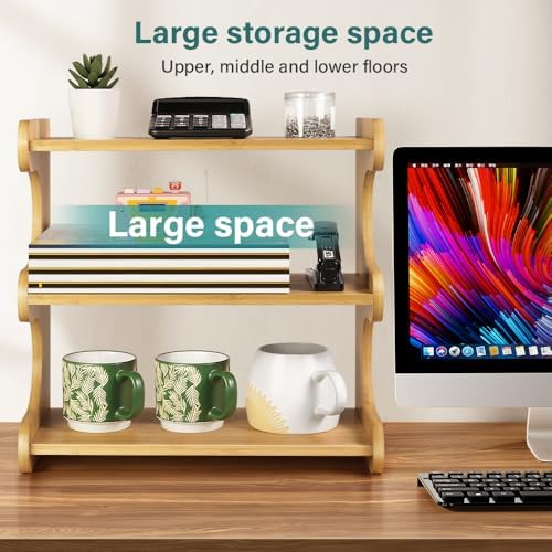 BFTOU Bamboo Desk Organizer Multifunctional 3 Tier Office Table Shelf Bookshelf Supplies Storage Rack for Kitchen Living Room - Image 4