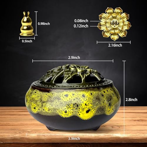 Ceramic Incense Burner, Bowl Burner,Cone Incense Burner with Brass lid for use with Stick or Cone-Shaped Incense，Lotus Incense Stick Holder Calabash Incense Stick Holder, 3pc (Fambe Yellow) - Image 4