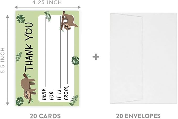Andaz Press Kids Fill in the Blank Thank You Cards - 20 Cards Including Envelopes Sloth Gender Neutral Note Cards For Boys Girls Birthday Party Thank You Notes for Friends, Family, and Party Guests