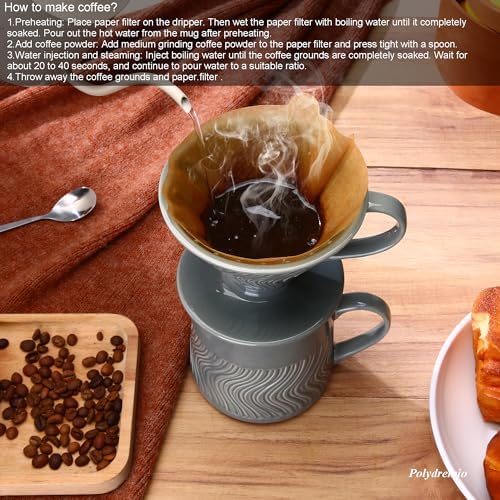 Pour Over Coffee Maker with 100 Sheets of Paper Filter, 15 oz Ceramic Coffee Mug & Coffee Dripper, 1 Cup-Single brew coffee set, Grey - Image 5