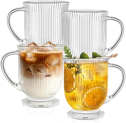 KEMORELA 16oz Ribbed Glass Coffee Mugs Set,Large Glass Mugs with Handle by KEMORELA