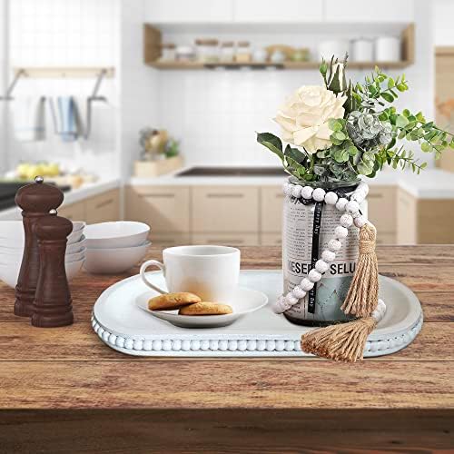 dwellington Wooden Farmhouse Decorative Tray, 12in Rustic Beaded Tray for Living Room Decor, Kitchen Table Décor, Oval Coffee Table Serving Tray (White) - Image 3