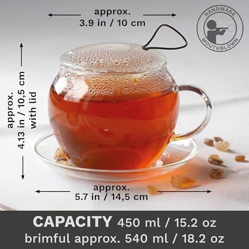 Creano Jumbo Tea Cup with Handle and Integrated Stainless Steel Strainer, Glass lid and Saucer - 15oz (450ml) - Image 4
