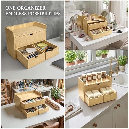 Bamboo Desk Organizer with 3 Drawers, Wood Storage Box for Office Supplies - Image 6