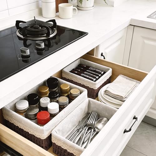 Large Wicker Storage Basket with Liner, Hand-Woven Paper Rope Rattan Organizer Bin for Pantry, Countertop, Bathroom, Bedroom, Shelves (Dark-Brown, L) - Image 7