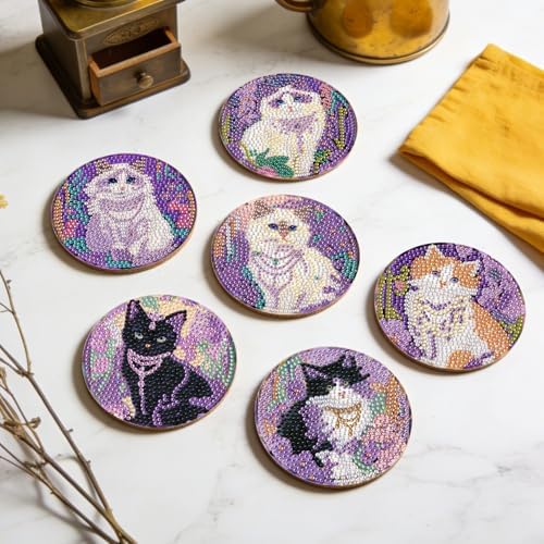 Leatrice Small Diamond Art Coasters Set Diamond Painting Kits for Adults Cat Diamond Dots Coasters Beginners Women Gem Art Coasters with Holder Funny Crafts Supplies for DIY Home Decor - Image 6
