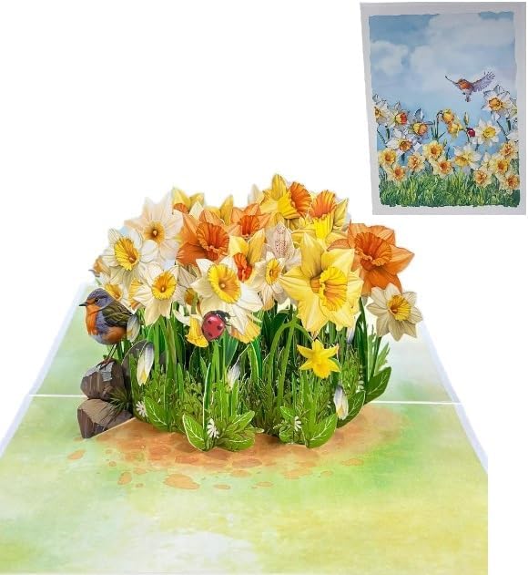3D Pop-Up Daffodil Field Greeting Card – Handmade Spring Flower Card with Birds for Birthday, Mother’s Day, Easter & Special Occasions F56