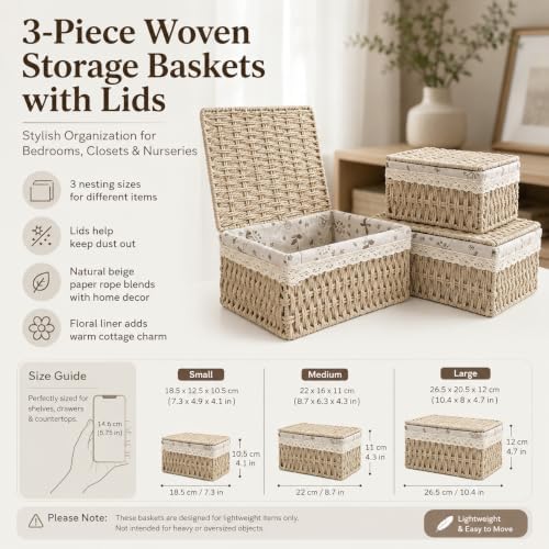 Wicker Basket with Lid & Liner for Counter, Woven Storage basket Set of 3 - Image 2