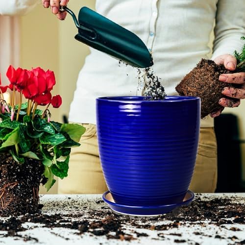 Ceramic Planter Pot - 10 Inch Plant Pot Indoor with Drainage Hole and Saucer Round Planter Large Modern Decorative Flower Pot Outdoor Garden Pot Blue - Image 4