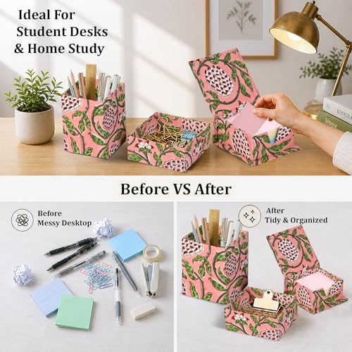 Ridhi Strawberry Pink Block Print Office Desk Organizer Pen & Note Holder - Image 2