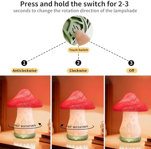 Cordless Mushroom Lamp - Rechargeable Touch Lamp for Nightstand, 3 Color Temperature Bedside Lamp with Rotating Castle Shade, Battery Operated Small Lamp for Bedroom, Nursery, Kids Room - Image 5