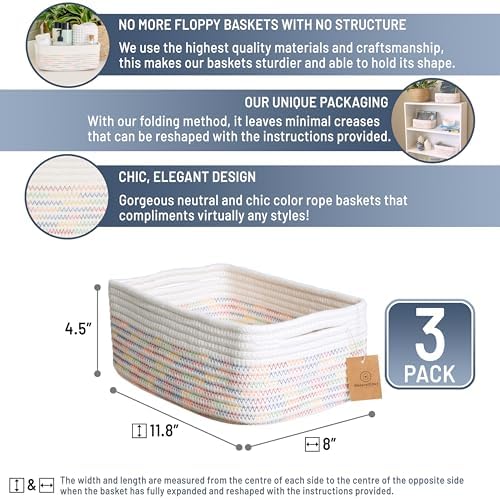 NaturalCozy 11.8"x8"x4.5” Rectangle Storage Baskets for Shelves 3 Pack | Cotton Rope Woven Small Baskets for Organizing | Small Storage Bins for Nursery, Bathroom, Closet, Shelf, Decorative, Gift - Image 2