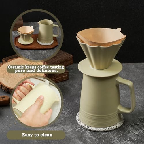Pour Over Coffee Maker, Ceramic Coffee Dripper with 40pcs V02 Paper Filter & Coaster, 18.2oz/540ml Flower Shape Pour Over Coffee Filter set (Celadon Set) - Image 2
