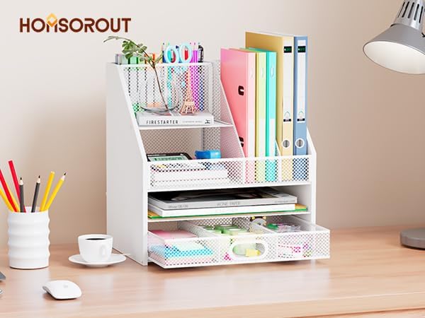 Homsorout Wooden Desk Organizer - Mesh File Organizer with Drawers and Pen Holder - 4-Tier Vertical Paper Letter Storage Tray, Desktop Organizers and Accessories for Home Office （White - Image 7